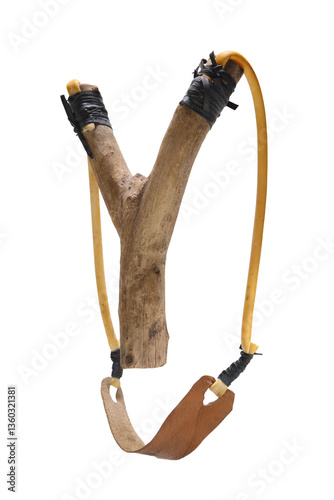 handmade wooden slingshot in rustic style on white background