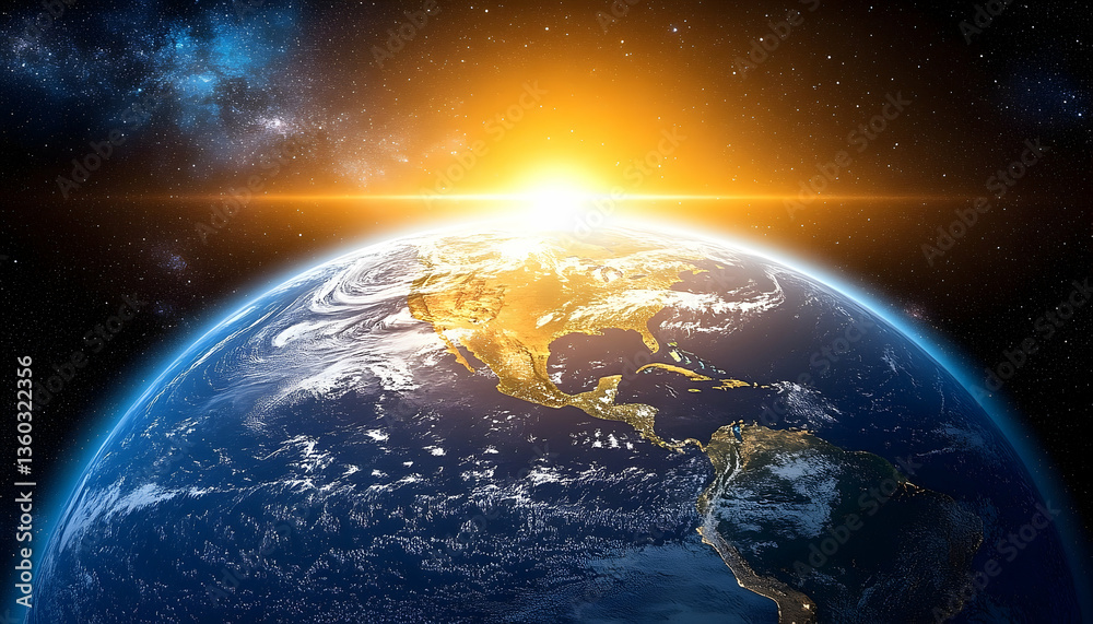 Obraz premium Stunning sunrise over Earth, showcasing North America and vibrant colors against a starry sky
