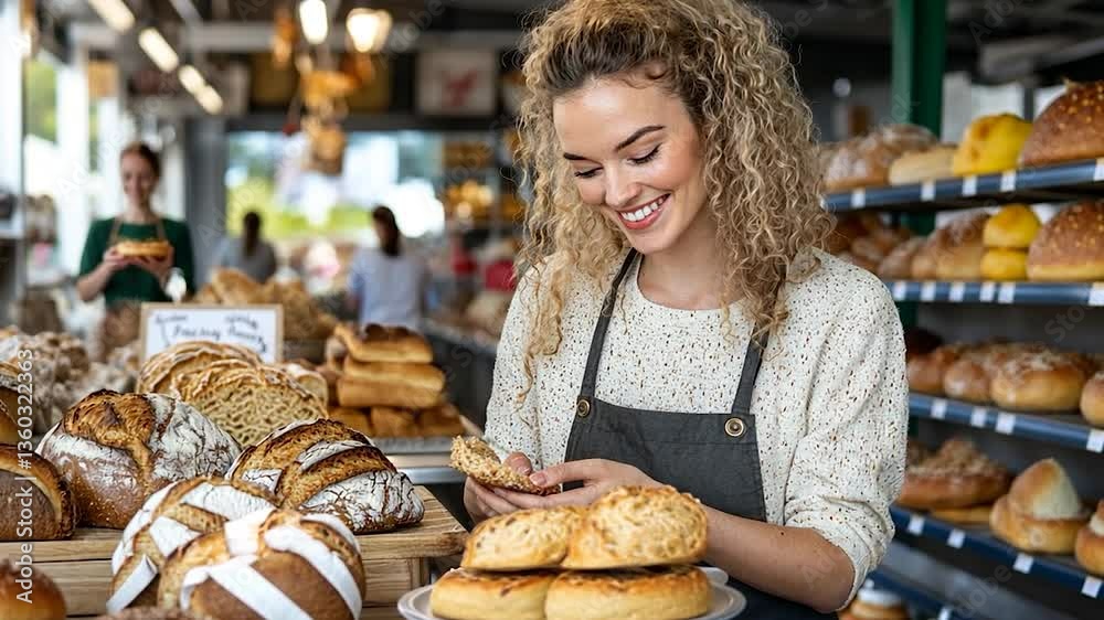 Smiling woman selecting fresh bread in a bustling bakery with various baked goods displayed Smiling woman selecting fresh bread in a bustling bakery with various baked goods displayed