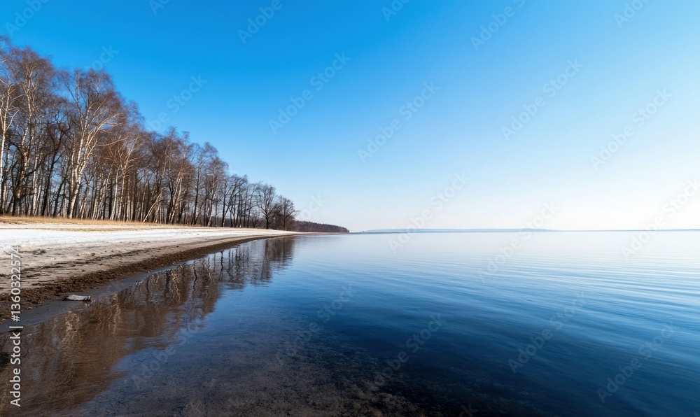 Tranquil lake reflects the clear blue sky, with birch trees lining the shore in the morning light. Tranquil lake reflects the clear blue sky, with birch trees lining the shore in the morning light.