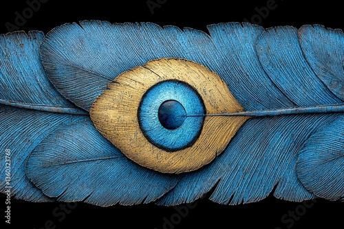 Stylized Eye within Blue Feather Gold Accents, Dark Background