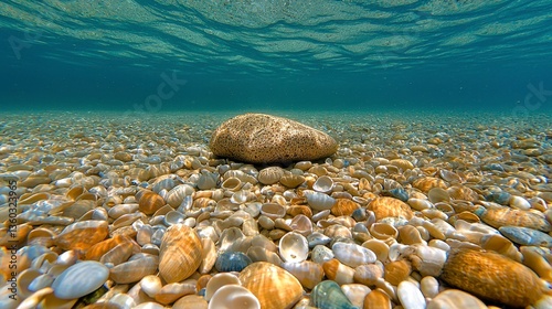 Sunlit Seabed Shells and Stones Under Clear Water