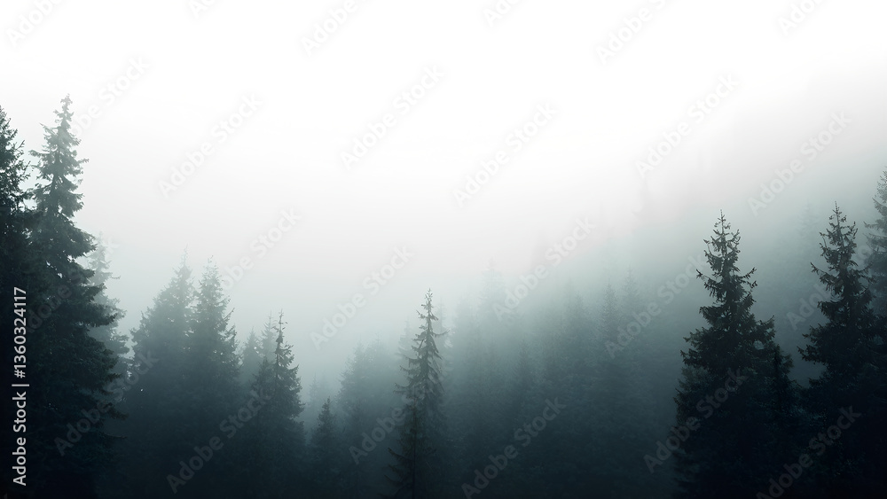 Fototapeta premium Misty landscape with fir forest in hipster vintage retro style