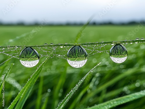 Three Dew Drops Reflecting Green Field