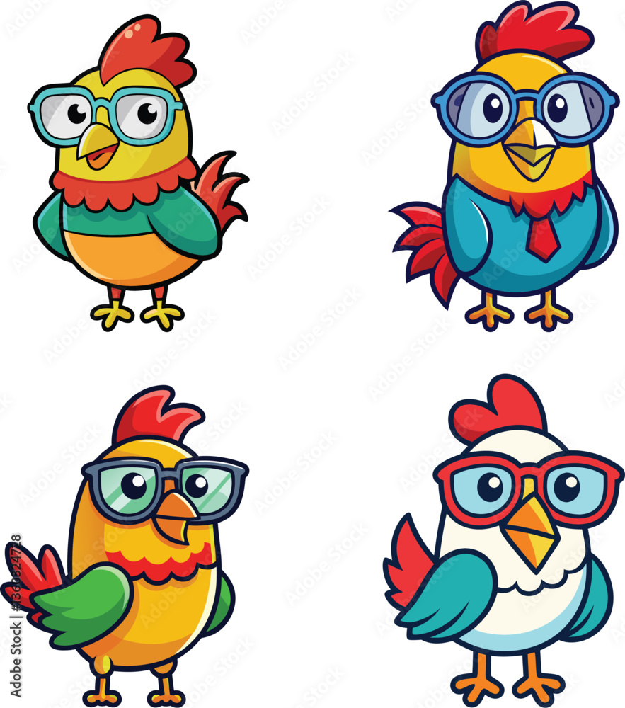Fototapeta premium Four Cute Cartoon Roosters Wearing Glasses