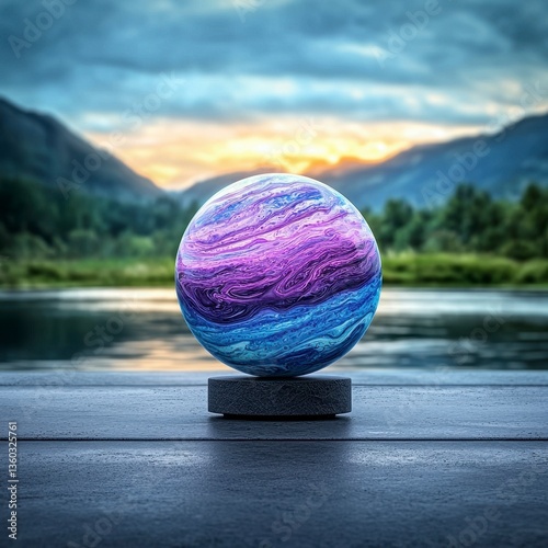Vibrant Purple and Blue Sphere on Lake Shore at Sunset