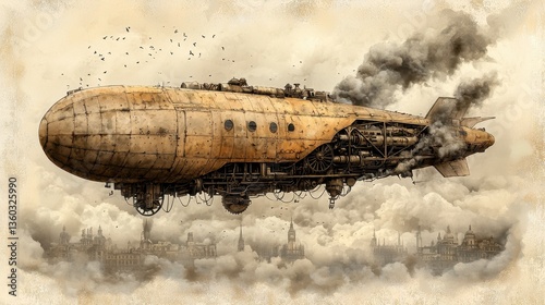 Vintage Airship Soaring Above a Foggy Industrial Cityscape