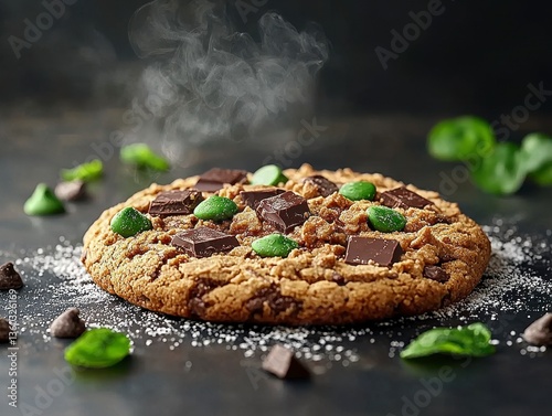 Warm Chocolate Mint Chip Cookie on Dark Surface