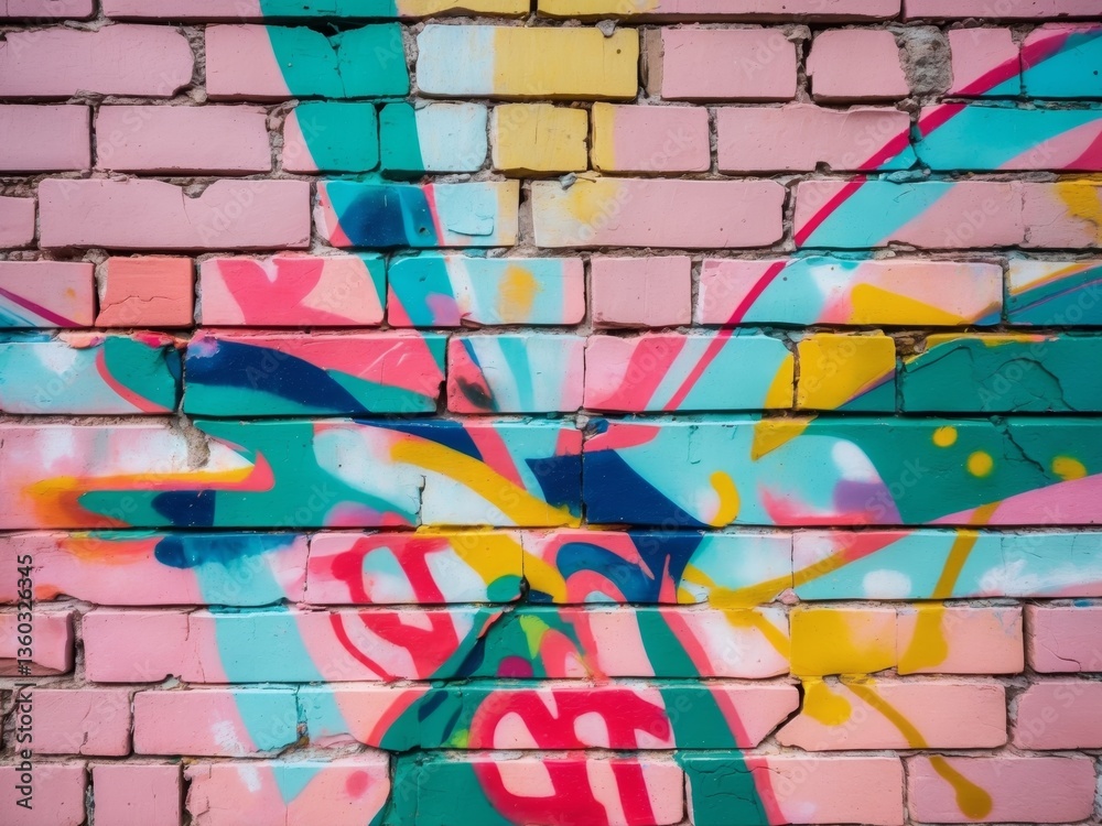 Fototapeta premium Closeup brick wall covered colorful graffiti made up Urban Street Beats