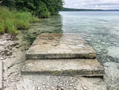 Weathered Concrete Steps Leading into a Calm Lake