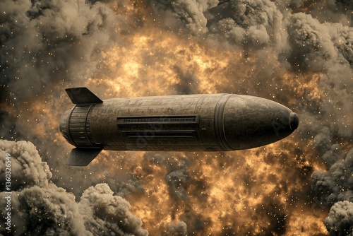 Weathered Missile Flying Through Fiery Explosion Cloudscape