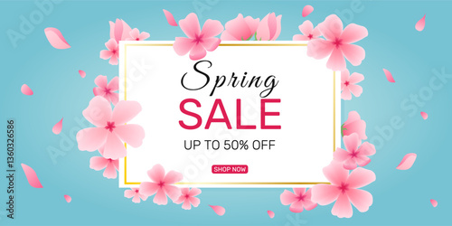 Spring promotion banner adorned with cherry blossoms, sakura and petals set against blue backdrop. Botanical vector artwork for posters, social media, web, greeting cards