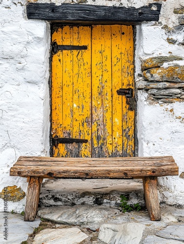Weathered Yellow Door and Rustic Wooden Bench Against Whitewashed Stone Wall
