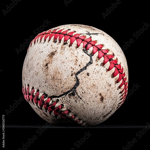 Well worn Baseball with Dirt Stains and Crack on Black Background