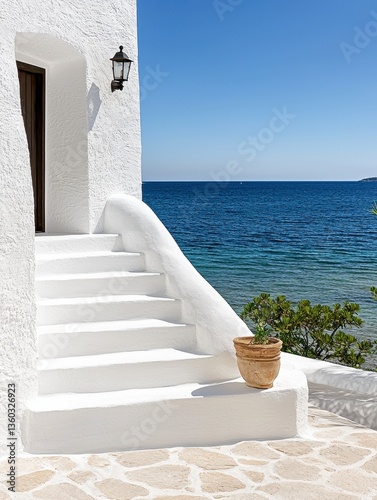 Whitewashed Steps Leading to a Calm Sea View