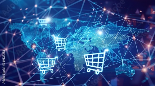 Global digital network and worldwide connectivity for ecommerce international business finance and data driven marketing  Symbols of modern technology smart transportation and future commerce