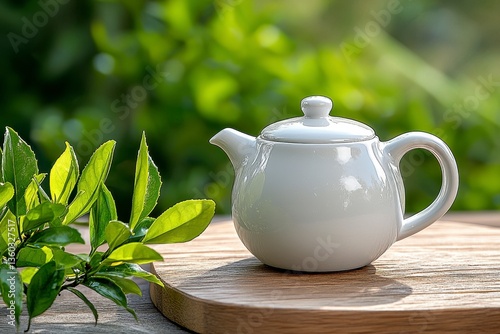 White Teapot and Green Tea Leaves in Sunlight