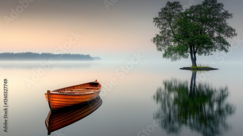 Wooden Rowboat on a Calm Lake at Dawn with a Solitary Tree