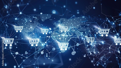 of a global digital commerce and ecommerce network with shopping carts data analytics and international logistics and distribution