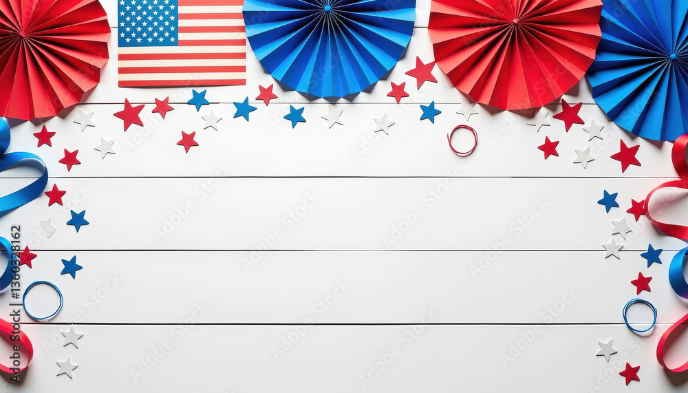 Obraz premium Patriotic red white and blue decorations on wooden background