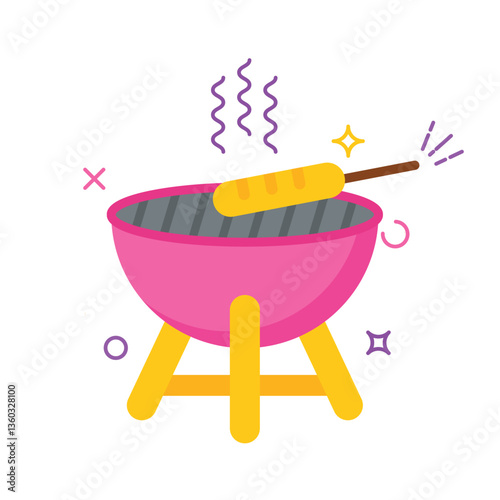 The image shows a cartoon illustration of a barbecue grill. The grill is pink and bowl-shaped, supported by four yellow legs.