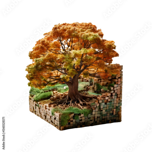 Abstract Wood block carved fall tree art.
