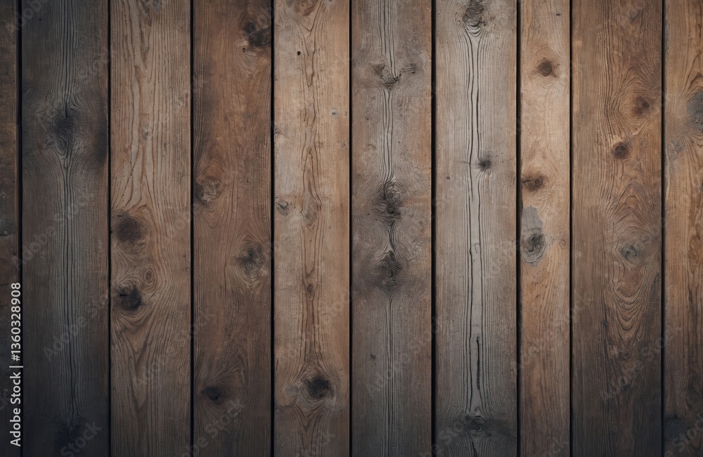 Naklejka premium Old wood texture background with vertical planks. Aged timber surface features rough grain details. Rustic brown boards show knots, weathered appearance. Perfect for design projects website
