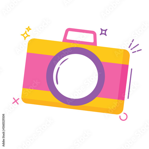 The image shows a cartoon illustration of a camera. The camera body is rectangular and features alternating horizontal bands of yellow and pink.
