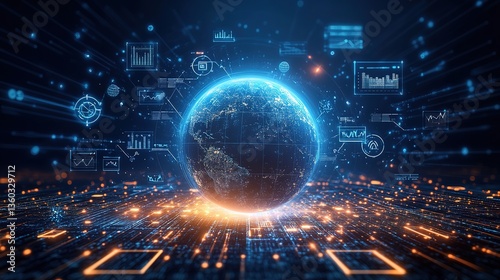 A blue Earth surrounded by various data charts and rays of light, representing the integration of global information and digital technology. photo