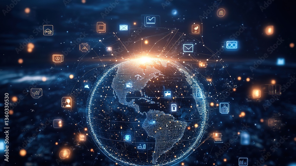 Obraz premium A blue Earth encircled by network lines and various icons, signifying the global reach and digital connectivity of the modern world.