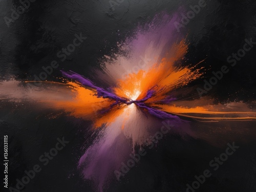 Abstract digital art piece dark background focal point orange brown purple
