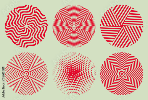 Set of striped minimalist shapes with optical illusion effect. Emblems or geometric shapes for your design. Sphere. 3D illustration for brochure, card, cover, poster, presentation, flyer or banner.