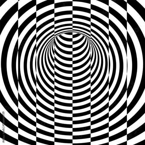 Pattern with optical illusion. Black and white design. Abstract striped background. Glitch abstract background. Distortion effect, bug and error. Vector for brochure, presentation, cover, flyer, etc.