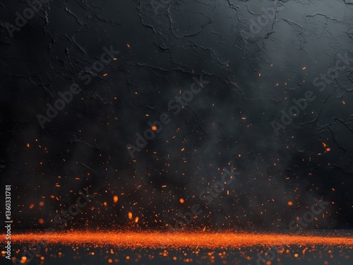 Abstract background dark black color filled small orange Fire embers particles over.