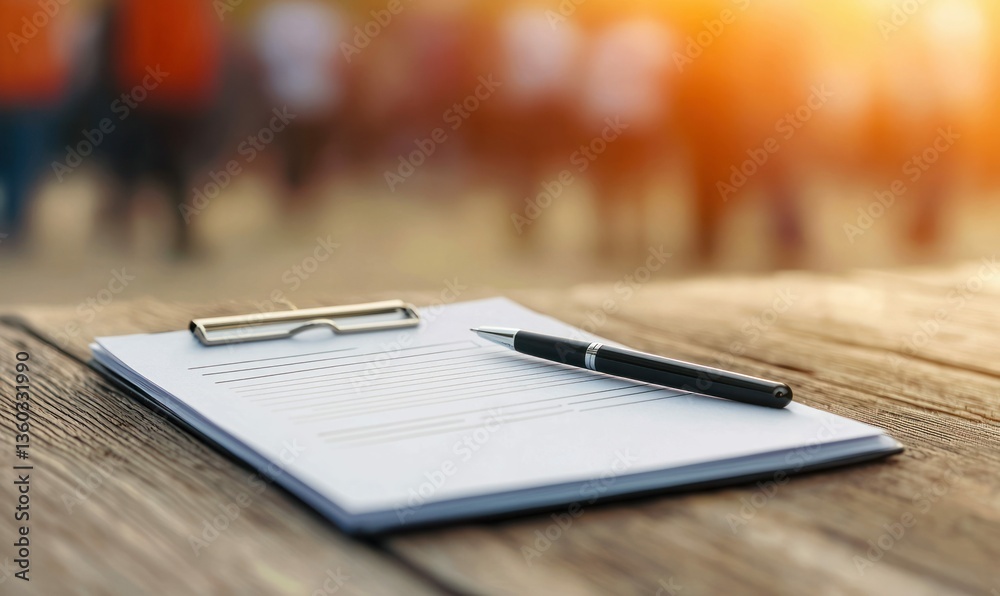 Fototapeta premium A pen rests on a clipboard atop a wooden table, hinting at an event sign-up in bright sunlight.