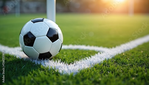 Close-up shot of soccer ball on corner kick line on green field. Ball black and white. Football game, sport competition, sunny day, goal, league championship.