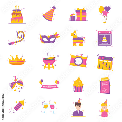 Set of celebration happy birthday cartoon-style icons, all related to celebrations, particularly birthdays