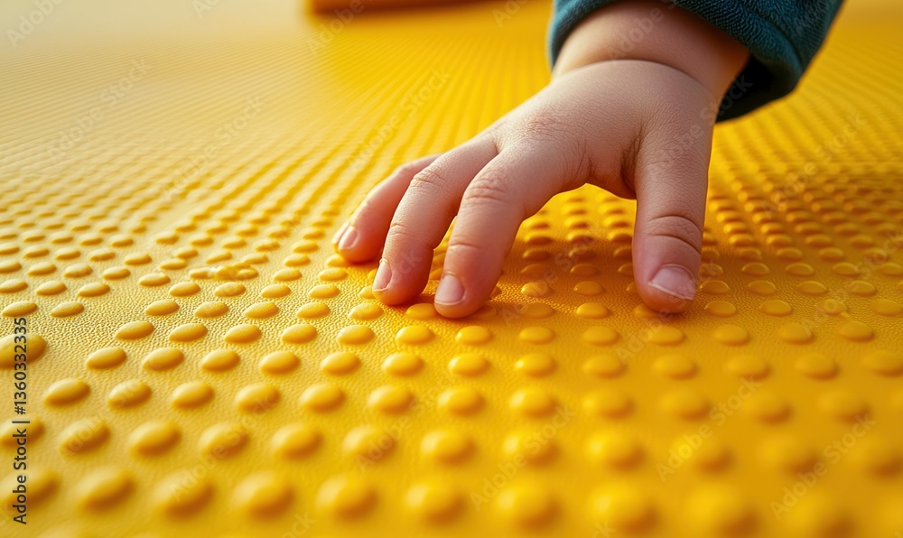 Obraz premium A young child's hand gently touches a bright yellow, dotted surface, exploring textures and feeling.