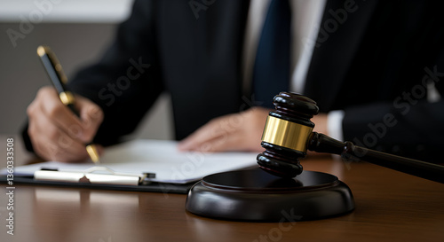 A judge in a black robe signing an official legal document on a desk with a wooden gavel in the foreground, symbolizing justice, law, and courtroom decisions.