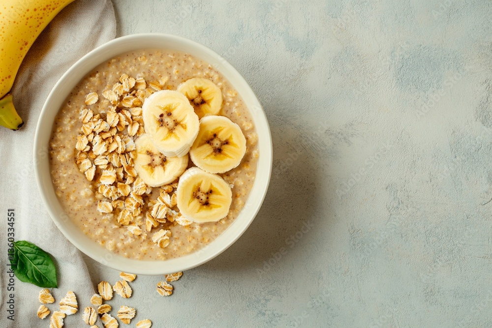 A nutritious bowl filled with creamy oatmeal topped with fresh banana slices and sprinkled with rolled oats. Perfect for a wholesome breakfast during a sunny morning A nutritious bowl filled with creamy oatmeal topped with fresh banana slices and sprinkled with rolled oats. Perfect for a wholesome breakfast during a sunny morning