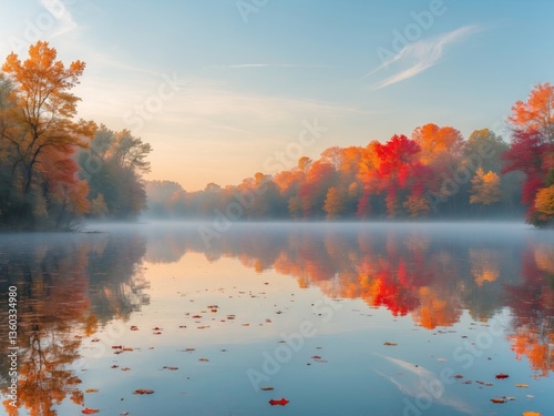 Golden evening light shining over a calm lake with colorful fall reflections