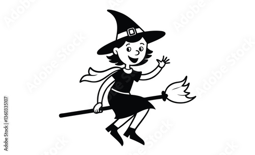 Witch on broomstick silhouette, Witch flying on a broomstick silhouette, Halloween witch with broom vector illustration 