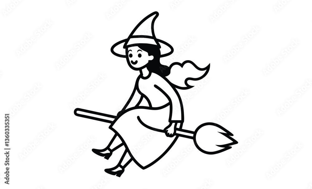 Fototapeta premium Witch on broomstick silhouette, Witch flying on a broomstick silhouette, Halloween witch with broom vector illustration