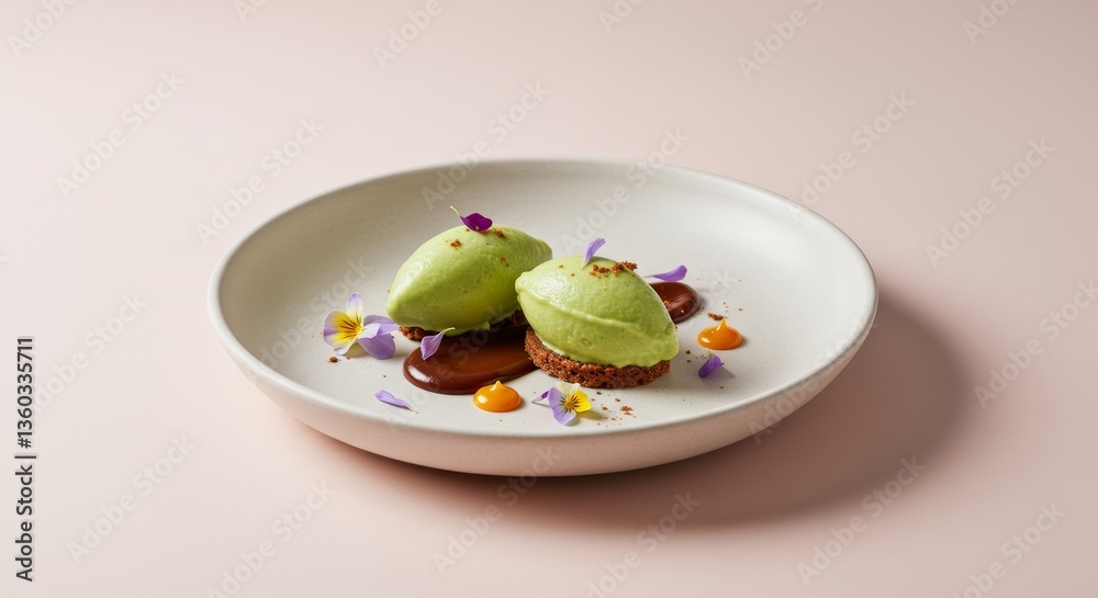 A minimalist dessert setting featuring a creamy avocado sorbet paired with spiced dark chocolate ganache, garnished with delicate edible flowers. A minimalist dessert setting featuring a creamy avocado sorbet paired with spiced dark chocolate ganache, garnished with delicate edible flowers.