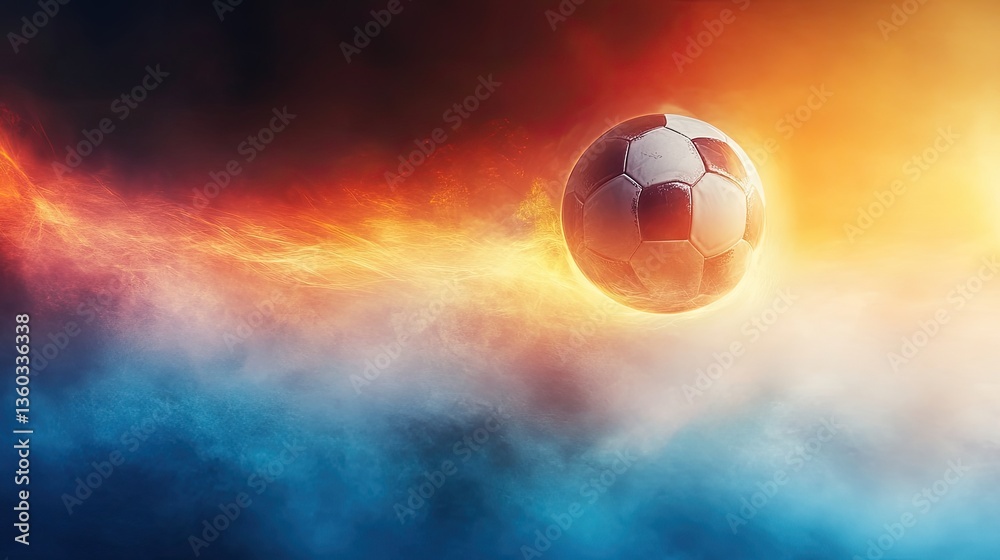 Naklejka premium A soccer ball cutting through a wall of mist and light, glowing edges and high-contrast details, cinematic sports shot.