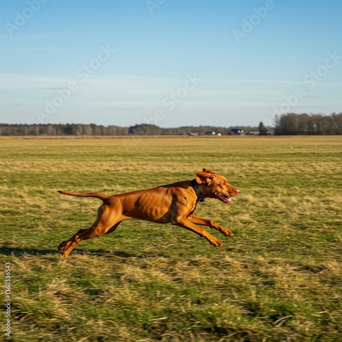 Energetic Vizsla Puppy Running Through an Open Field at Sunset – Athletic Hunting Dog in Motion