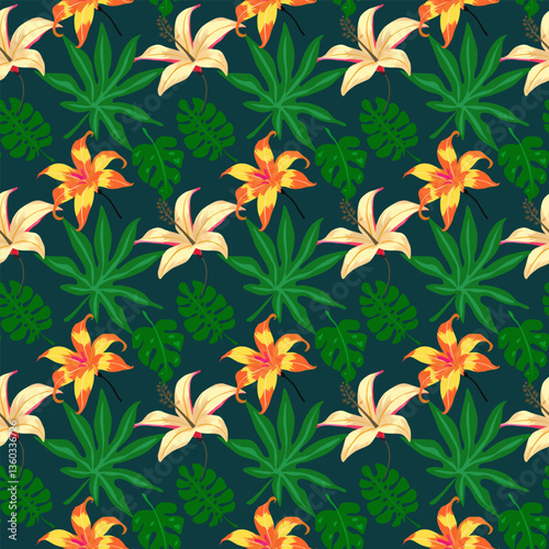 Vector illustration of seamless pattern of tropical leaves and flowers, summer season, background and wallpaper abstract design.