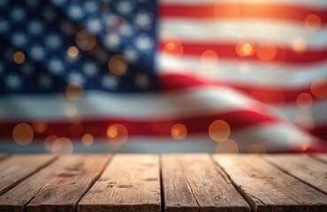 Wooden table with blurred American flag background and bokeh lights. USA flag with stars and stripes. Festive patriotic holiday scene with warm, soft, bokeh lights and wooden surface.