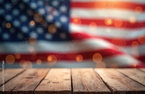 Wooden table with blurred American flag background and bokeh lights. USA flag with stars and stripes. Festive patriotic holiday scene with warm, soft, bokeh lights and wooden surface. photo