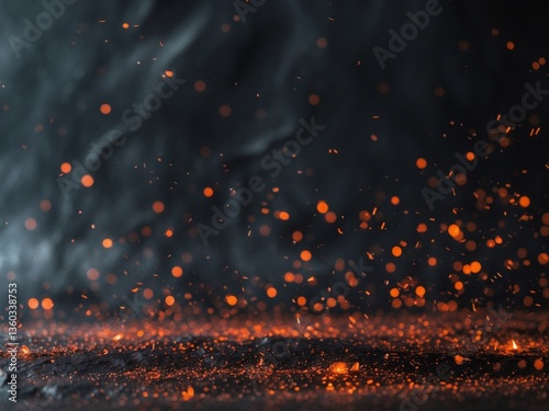 Abstract background dark black color filled small orange Fire embers particles over